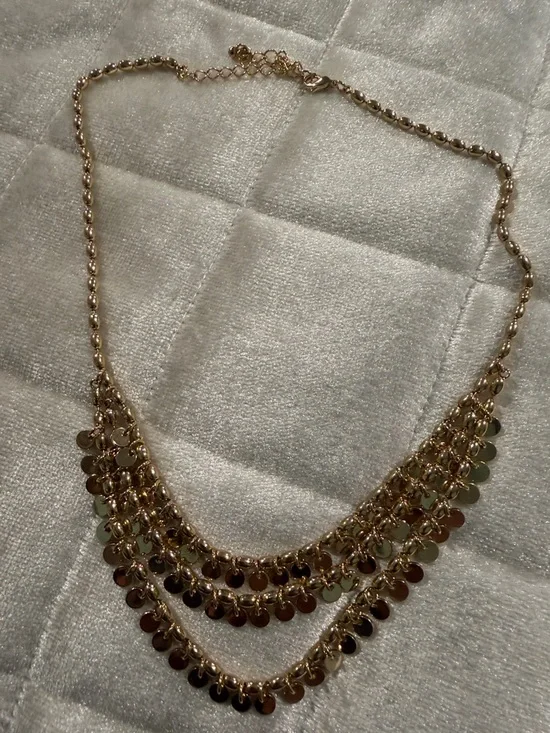 Gold Tone Layered Disc Necklace with Cascading Charms - Picture 11 of 11